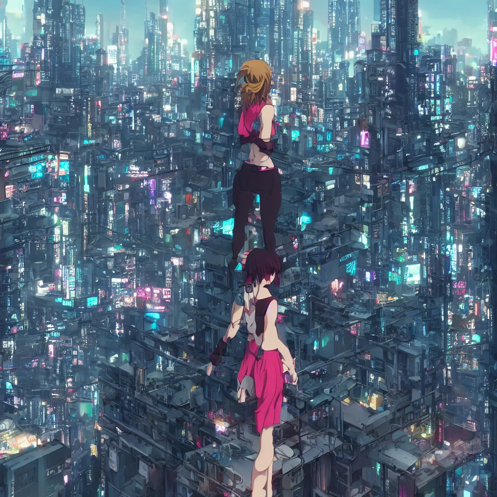 Image similar to a girl stands on top of a multi-storey building, anime style, 4k, cyberpunk city in the background, very detailed