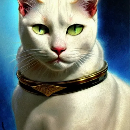 Image similar to a portrait of a manly and muscular white cat feline, blue eyes, star trek the next generation. highly detailed painting by gaston bussiere, craig mullins, j. c. leyendecker, furry