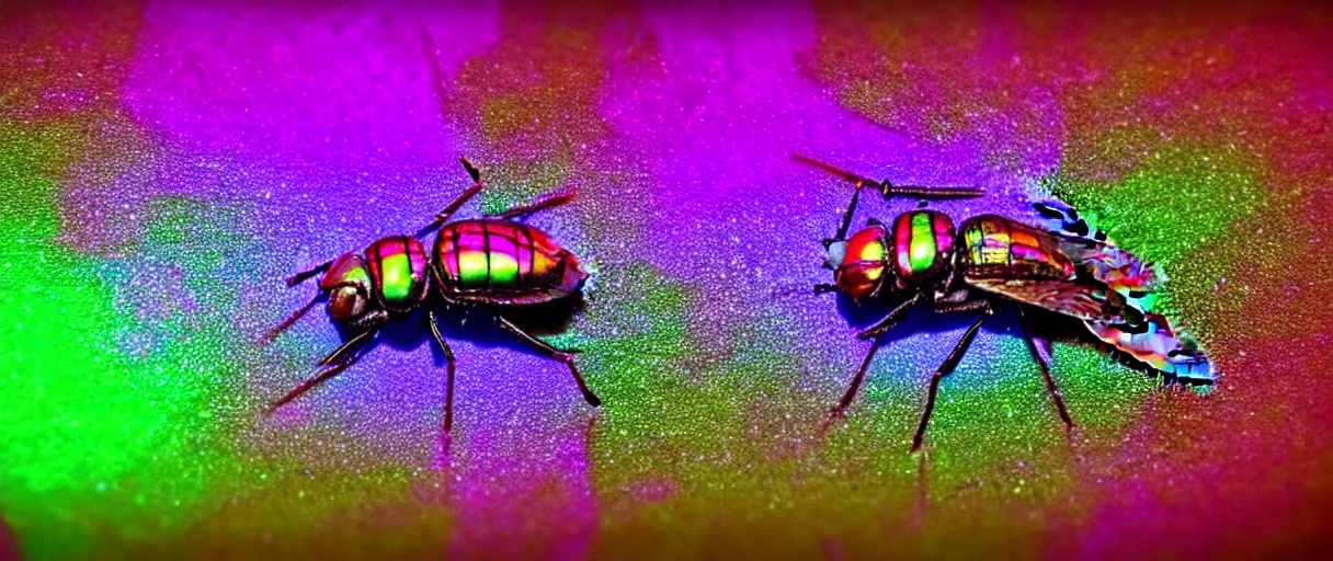 Image similar to high quality photo glowy iridescent mutant fly! jeweled very beautiful! highly detailed digital art david ligare elson peter cinematic purple neon lighting high quality low angle hd 8k sharp shallow depth of field