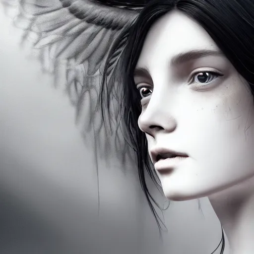 Image similar to A young beautiful female angelic-extraterrestrial-cyborg face with a very long neck, big clear eyes, thin nose, big lips, hair floating in the wind, Realistic, Refined, Digital Art, Pre-Raphaelite, Highly Detailed, Cinematic Lighting, rim light, black and white, high contrast, hyper real, photo-realistic Unreal Engine, 8K