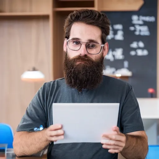 Prompt: a picture of a bearded developer who is trying to work with rxjs but has no idea what he is doing. he looks seriously frustrated. this all takes place in an office which is inside the amsterdam olympic stadium