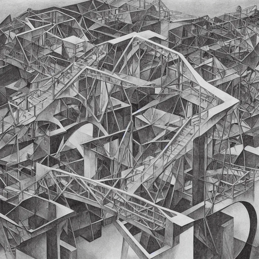 Prompt: impossible penrose bridge by M.C. Escher, painting