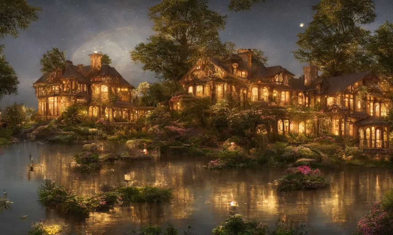 Image similar to a stunning beautiful renaissance - style lake house in the moonlit nightscape, house by the reflective lake in the evening, dreamy, lamps and flowers, beautiful garden, highly detailed, perfect landscape, artstation, 4 k