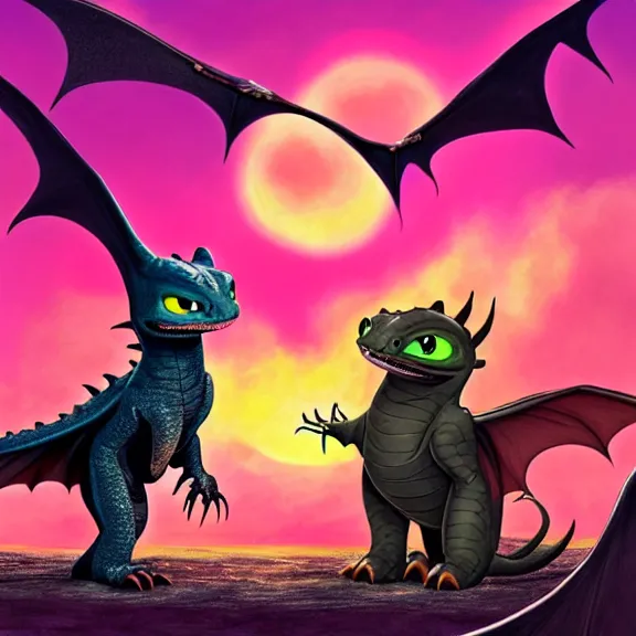 Prompt: High definition quality picture of toothless the dragon from How to Train a Dragon with a pink and purple Sunset Viking art style