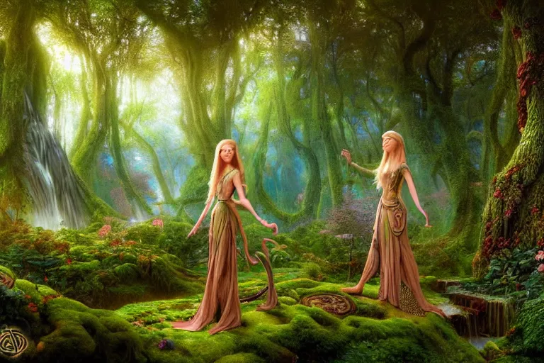 Image similar to a beautiful and highly detailed matte painting of an elven princess in beautiful garden in a mystical forest, psychedelic patterns, celtic designs, intricate details, epic scale, insanely complex, 8 k, sharp focus, photorealism, artstation, cgsociety, by caspar friedrich, albert bierstadt, james gurney, brian froud,
