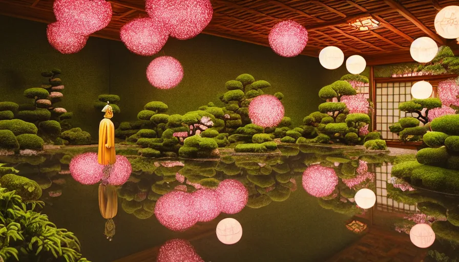 Prompt: Dreamy photo of a very cozy surreal magical Japanese temple, lush plants, in the style of Gucci, photographed by Petra Collins and Wes Anderson, glowing lights, magic details, very detailed, 8k, cinematic look,, very detailed