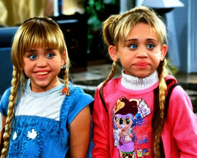 Prompt: miley cyrus as mary kate and ashley olsen as michelle tanner in full house, 1987, cdx