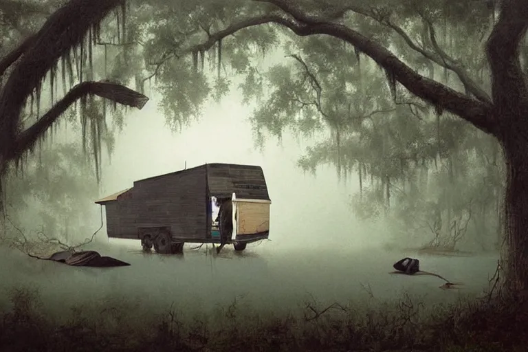 Image similar to scene from louisiana swamps, trailer in the woods, old couch, broken tv, parachute in a tree, voodoo artwork by tim eitel