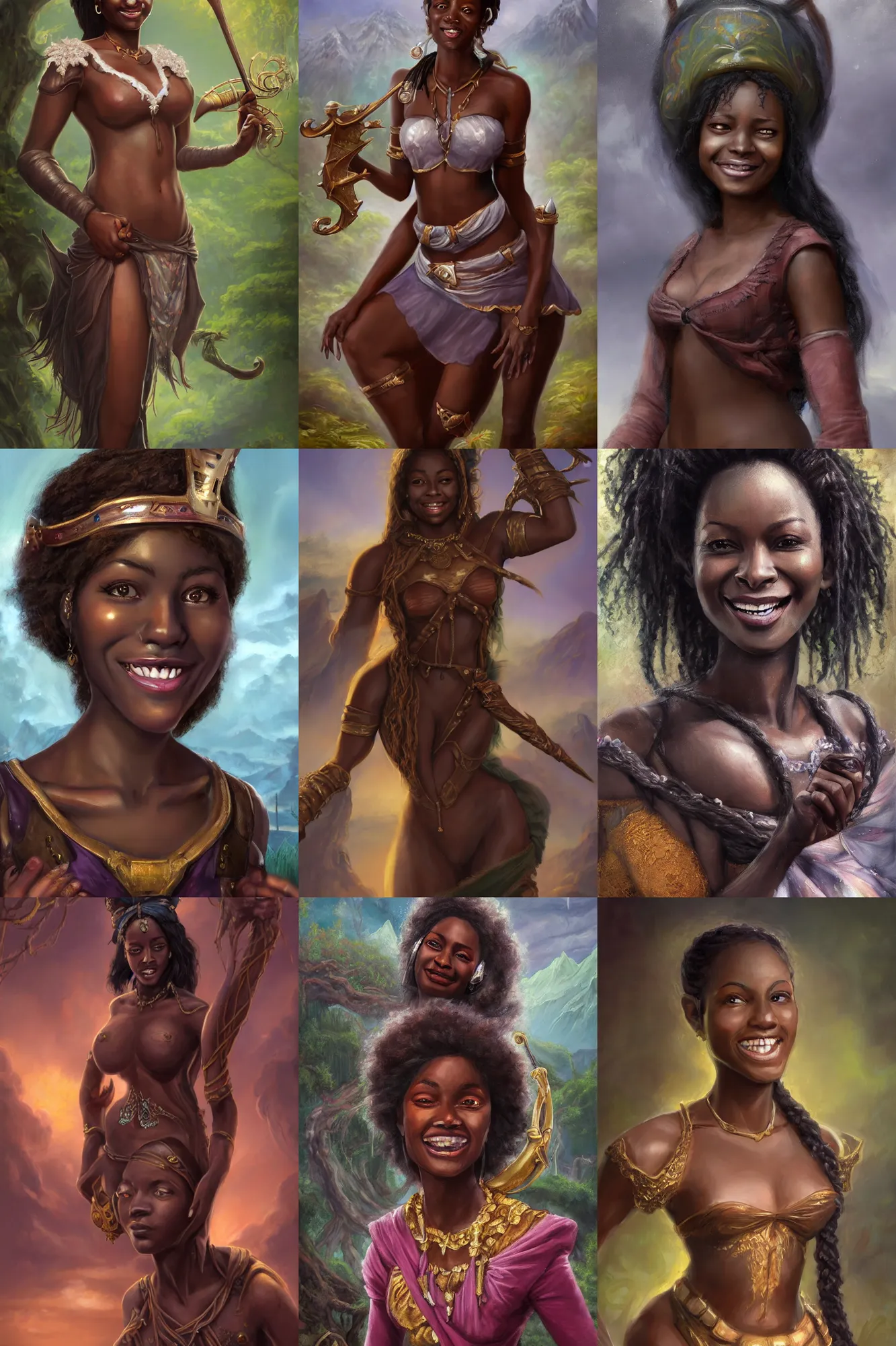 Prompt: a full body high detail fantasy portrait oil painting illustration of a single beautiful smiling bard dark skinned woman by justin sweet with face and body clearly visible, in a scenic background, pretty eyes, realistic proportions, d & d, rpg, forgotten realms, artstation trending, high quality, sombre mood, artstation trending, muted colours, entire person visible!