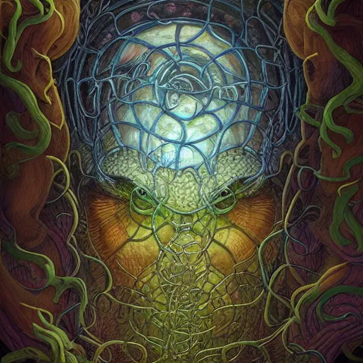 Prompt: fungus labyrinth mohawk scales manifestor portrait by gaston bussierre and charles vess and james jean and erik jones and rhads, inspired by rick and morty, epic, funny, huge scale, beautiful fine face features, intricate high details, sharp, ultradetailed