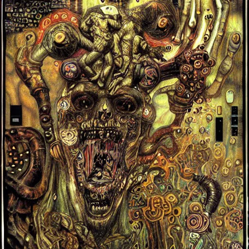 Image similar to depraved cybernetic demon, lsd, mushrooms, circuitry, intricate detail, klimt, frazetta, giger,