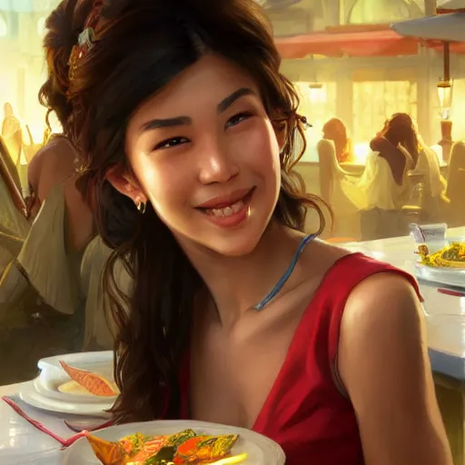 Prompt: a dinner date with the girl next door, slice of life, varying ethnicities, modern, realistic, looking at the camera, smiling!!! elegant, highly detailed, digital painting, artstation, concept art, matte, sharp focus, illustration, hearthstone, art by Artgerm and Greg Rutkowski and Alphonse Mucha