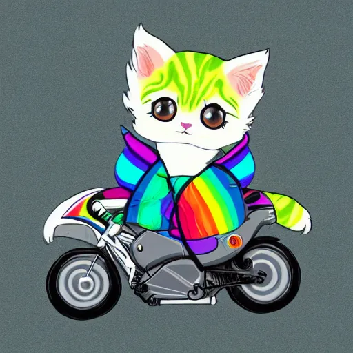 Image similar to wide angle full body, jacket wearing fluffy cute rainbow kitten wearing a black leather motorcycle jacket, riding on a motorcycle, cinematic concept art