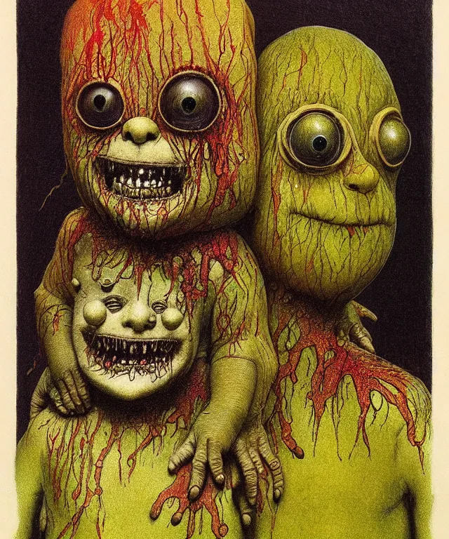 Image similar to a detailed creepy zippy bungle and george, characters from uk children's tv show rainbow! perfect faces, extremely high details, realistic, fantasy art, solo, masterpiece, art by zdzislaw beksinski, arthur rackham, dariusz zawadzki, hermann nitsch