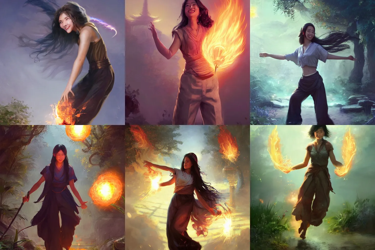 Prompt: smiling asian sorceress in trousers with short hair (shoulder length hair) wearing trousers casting a fireball and chasing will-o-wisps in a garden, orthodox saint, by Greg Rutkowski, breathtaking digital 2d cover art