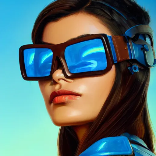 Image similar to closeup painting of a very beautiful young mexican cyberpunk woman with a smirk, wearing light blue shutter shades and a dark brown leather jacket, one side haircut, long brown hair with light blue ends, portrait, hyperdetailed, artstation, cgsociety, 8 k, synthwave by tangerine dream