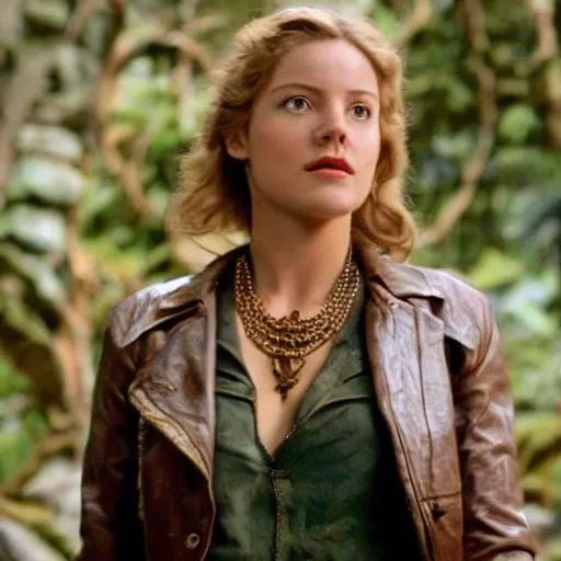 Image similar to a beautiful portrait from the film indiana jones and the fate of atlantis, of sophia hapgood in a leather jacket wearing the nur ab sal necklace, dslr hyper focused