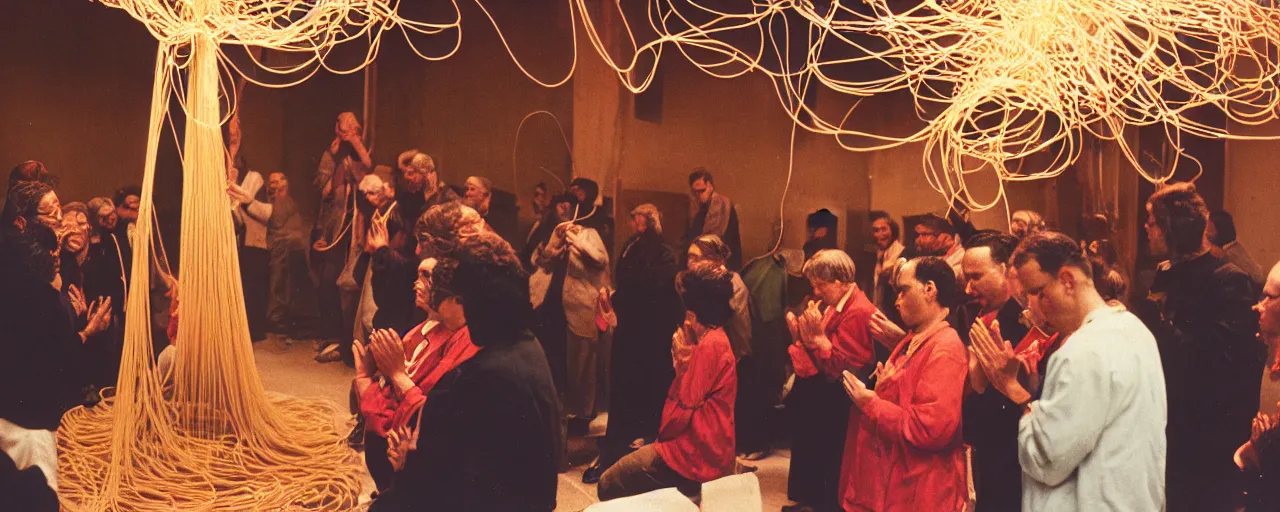 Image similar to a group of people praying to a giant spaghetti deity, canon 5 0 mm, cinematic lighting, photography, retro, film, kodachrome