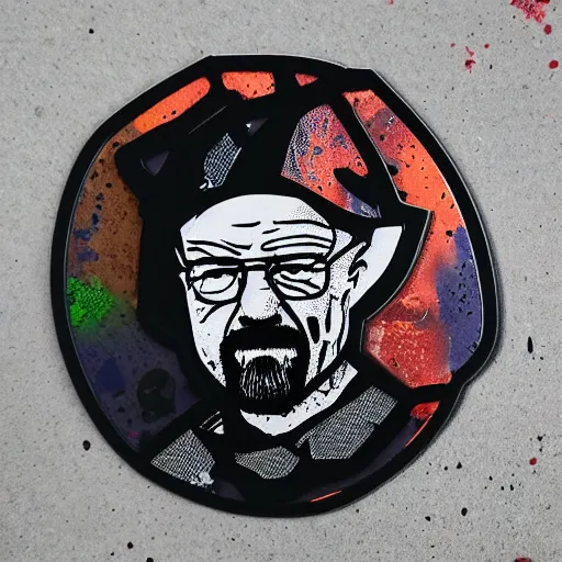 Image similar to die cut sticker, walter white in techwear, breakdancing, splatter paint