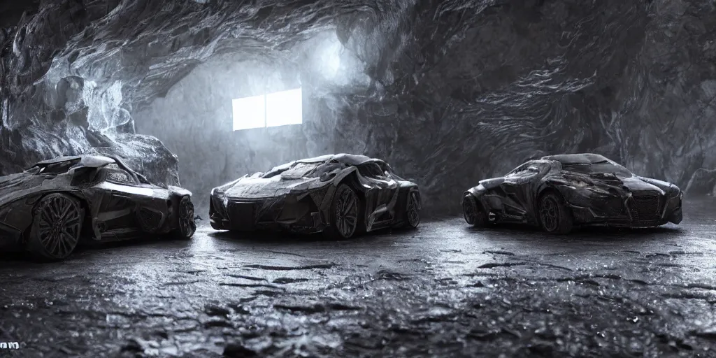 Image similar to the batmobile standing in a very dark and wet cave. highly detailed. intricate. mist. atmospheric. rim light. photorealistic. 8 k. monochrome. rays of light filling the cave. cinematic. matte painting. cinema 4 d. octane render. imagined by ash thorp. ambient occlusion. global illumination.