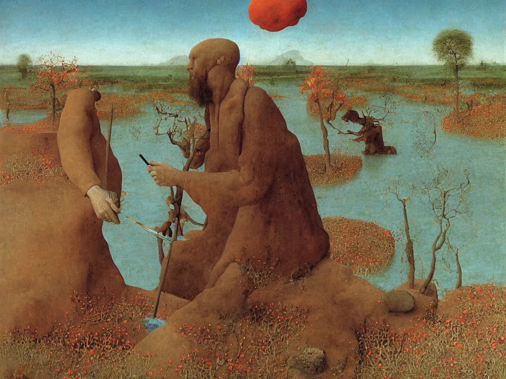 Image similar to Portrait of a painter painting on his easel knee deep in a river. Humanoid rocks, coral-like pebbles, orchard in bloom. Painting by Jan van Eyck, Roger Dean, Beksinski, Piero della Francesca