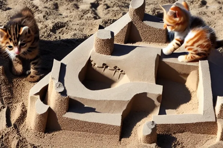 Image similar to kittens touching a completed sand castle