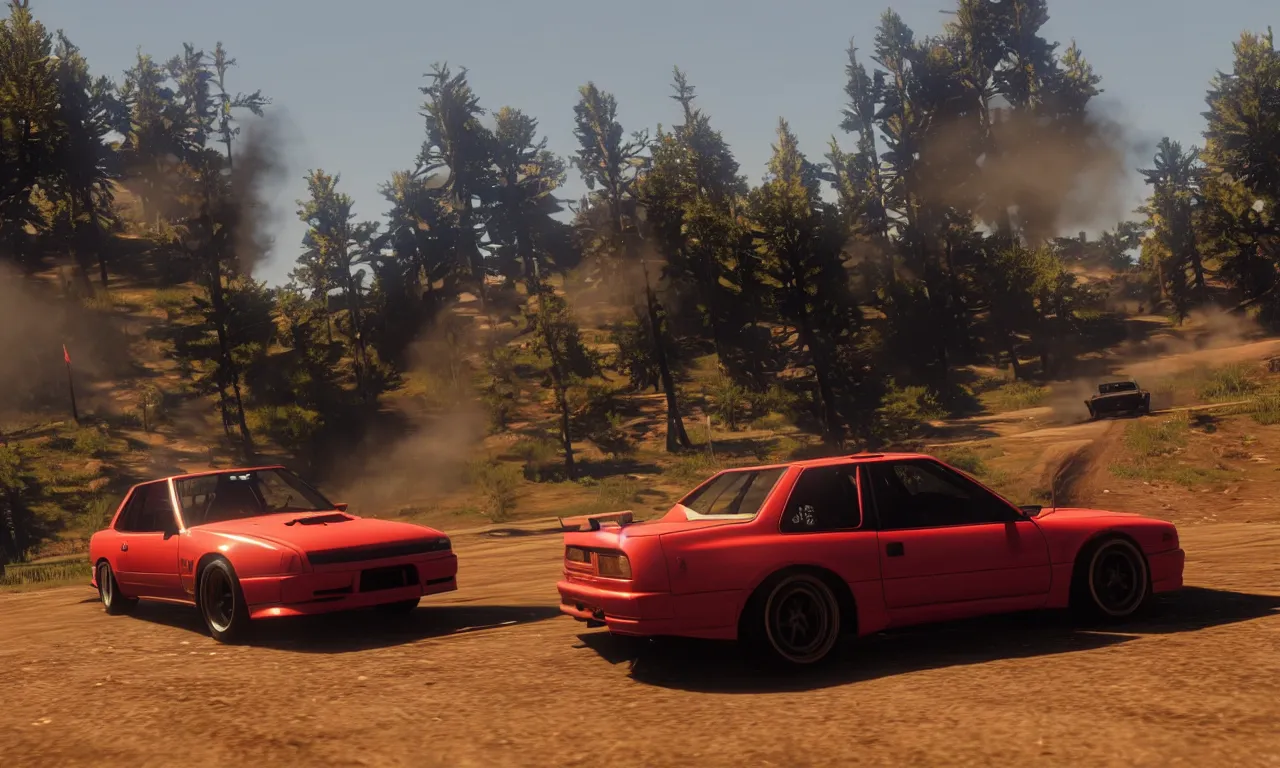 Prompt: a photo of a nissan s 1 3 drifting in red dead redemption 2