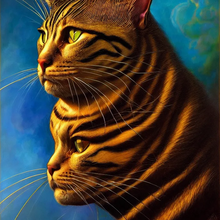 Image similar to cinematic bust portrait of psychedelic cat from left,, donato giancola, larry elmore, oil on canvas, masterpiece, trending on artstation, featured on pixiv, cinematic composition, dramatic pose, beautiful lighting, sharp, details, hyper - detailed, hd, hdr, 4 k, 8 k