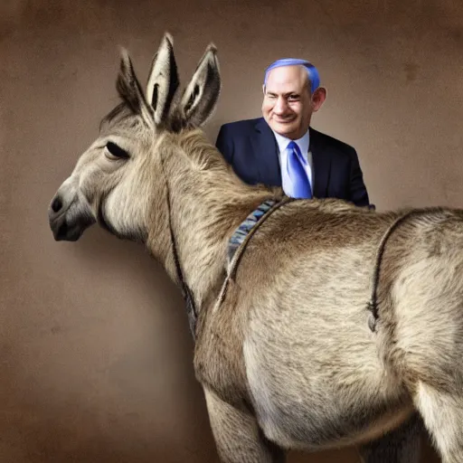 Prompt: donkey sitting on benjamin netanyahu picture, photorealistic, detailed, photograph