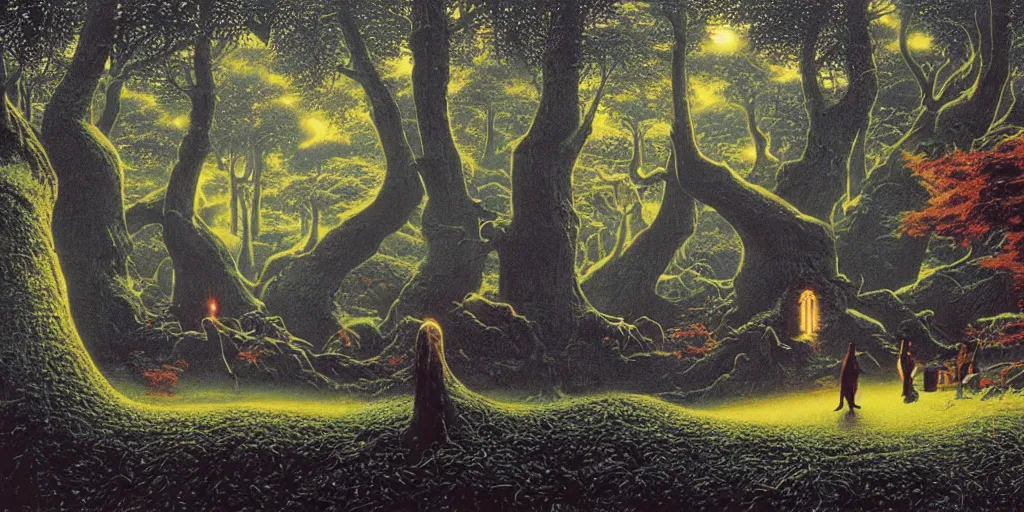 Image similar to Artwork by Tim White of the cinematic view of the Woodland of the Dark Lord.