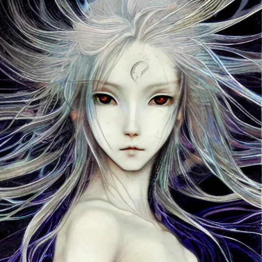 Prompt: Yoshitaka Amano blurred and dreamy illustration of an anime girl with wavy white hair fluttering in the wind and cracks on her face wearing light armor with engravings, background with abstract black and white patterns, noisy film grain effect, highly detailed, Renaissance oil painting, weird portrait angle, three quarter view
