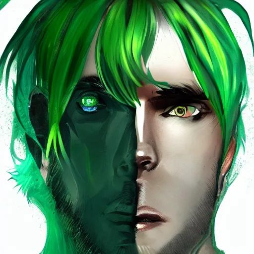 Prompt: portrait of a man with green hair, with eyes that look like a clock, trending on artstation