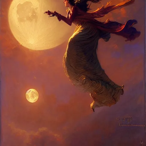 Image similar to attractive witch magically flying trough the night, fantasy, full moon in background. highly detailed painting by gaston bussiere, craig mullins, j. c. leyendecker 8 k