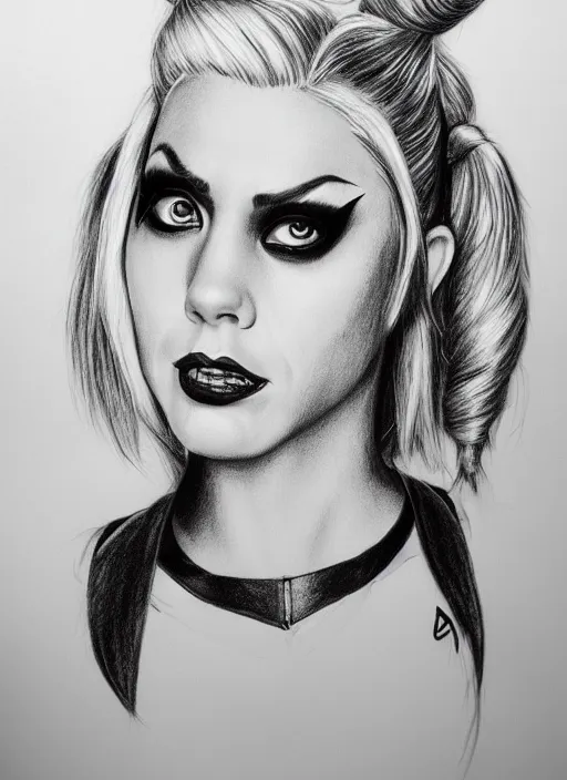 Prompt: a pencil drawing of harley quinn, highly detailed