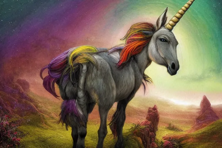 Prompt: a donkey unicorn hybrid riding a rainbow, fantasy illustration, digital art, max details, hyper realistic, 8 k resolution, intricate, elegant, highly detailed, digital painting, artstation, concept art, matte, sharp focus, illustration, by james gurney, graeme base, brian froud, alan lee