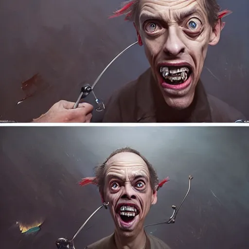 Image similar to hyper realistic absurd, silly, making insane faces, steve buscemi / john waters riding a tiny tricycle, painted by greg rutkowski, wlop, artgerm, dishonored 2, half life 2