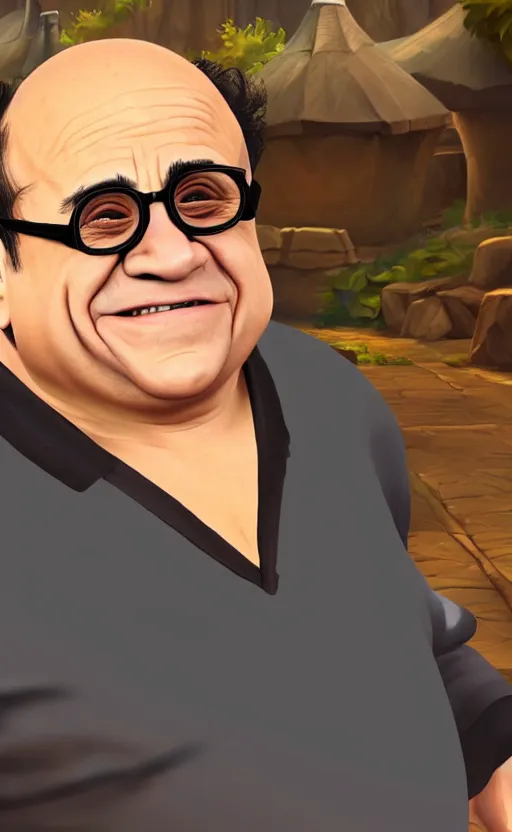 Image similar to Danny DeVito as a character in the game League of Legends, with a background based on the game League of Legends, detailed face, old 3d graphics