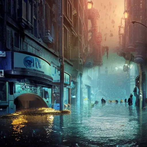 Prompt: A city street under water, below the surface, flood, atlantis, horror, liminal, hyper detailed, dramatic lighting, CGsociety, realistic, fish, hyper detailed, insane details, intricate, dramatic lighting, hypermaximalist, golden ratio, rule of thirds, octane render, weta digital, micro details, ultra wide angle, Artstation trending, 8k,