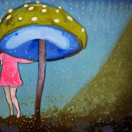 Image similar to A girl sleeping under a giant blue toadstool, raining, somber, high detail,