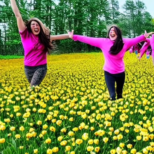 Image similar to humans running in a flower field with their hands in the air, funny facial expressions, eyes rolled back, 'the drugs are finally kicking in'