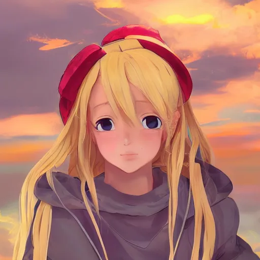 Image similar to blonde - haired princess, anime princess, wearing casual clothing, golden hour, partly cloudy sky, red clouds, orange sky, old town, strong lighting, strong shadows, vivid hues, ultra - realistic, sharp details, subsurface scattering, intricate details, hd anime, 2 0 1 9 anime