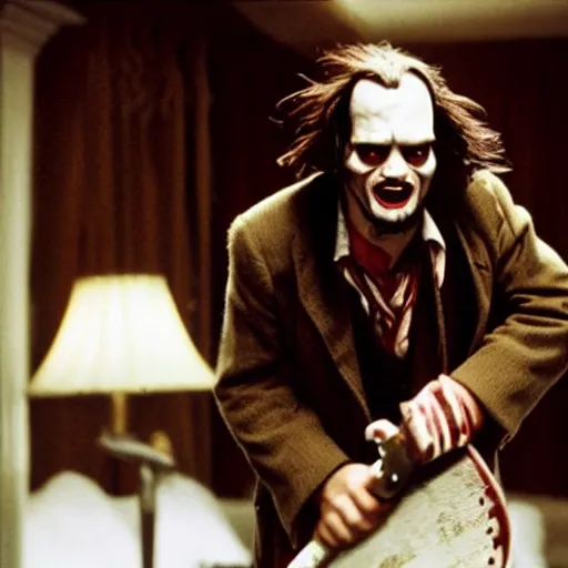 Image similar to Johnny Depp as Jack Torrance in Shining, holding axe,