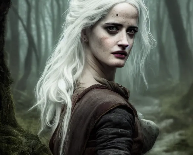 Image similar to 5 5 mm portrait photo of a real life tough looking eva green as ciri with a large scar along her left cheek, in a magical forest. dark atmosphere. art by greg rutkowski. highly detailed 8 k. intricate. lifelike. soft light. nikon d 8 5 0.