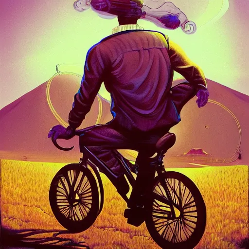 Image similar to a beautiful painting of a very detailed gangster riding a bike by dan mumford, beeple, trending on artstation, vapourwave