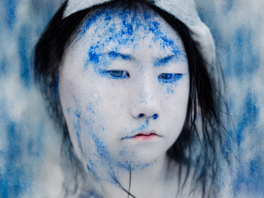 Prompt: the piercing blue eyed stare of yuki onna, freezing blue skin, painted in minimalist watercolor, bokeh, asymmetric, rule of thirds