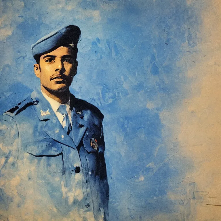 Image similar to Antique cyanotype of Beautiful warmly lit close up expressionistic studio portrait of very Handsome Persian Air Force Pilot in Uniform, impasto oil painting heavy brushstrokes by Cy Twombly and Anselm Kiefer , trending on artstation dramatic lighting abstract Expressionism