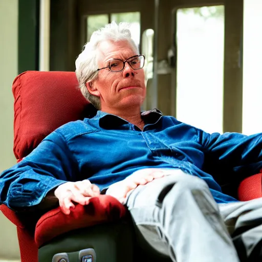 Prompt: a man sitting in a recliner reading the gunslinger by stephen king