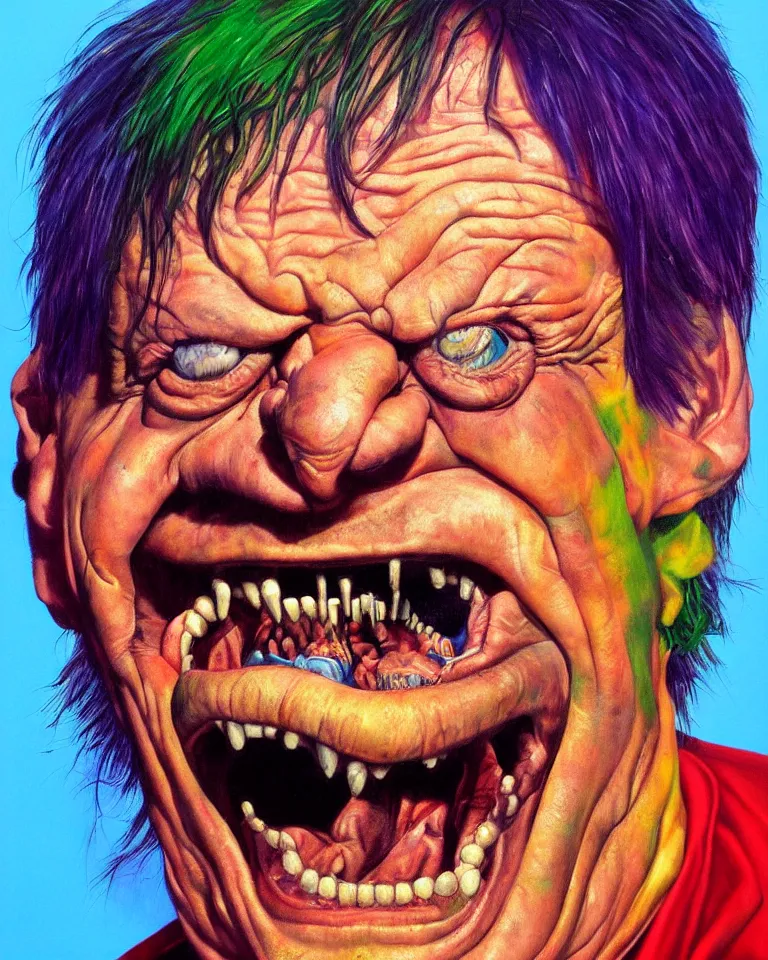 Image similar to hyper realistic painting, head of mark e smith from the fall laughing maniacally, outer glow, by simon bisley, lisa frank, chuck close and richard corben, very intense, depth of field, depth perception, hyperdetailed, rich deep vivid colours, sharp focus, directional lighting