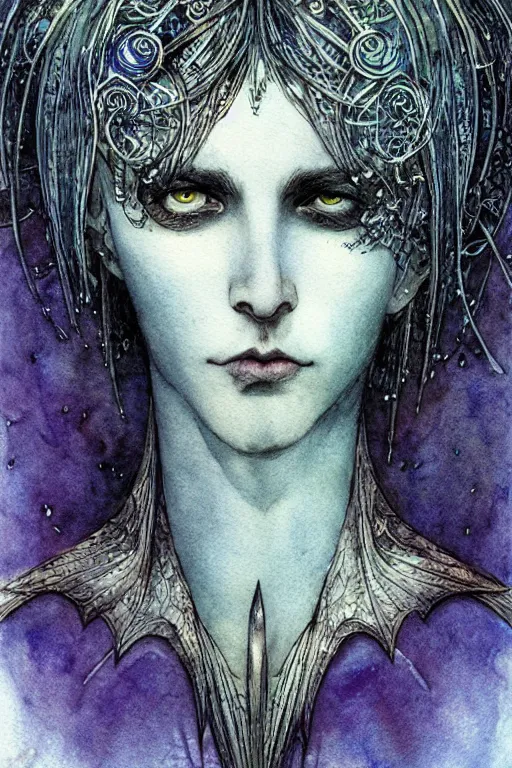 Image similar to dark fairy handsome male face closeup surrounded by a circular frame of bat wings, art by luis royo and walter crane and kay nielsen, watercolor illustration, ultra sharp focus