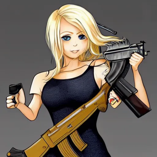 Prompt: ak-47 with a full head of human blonde hair, cute, adorable, waifu